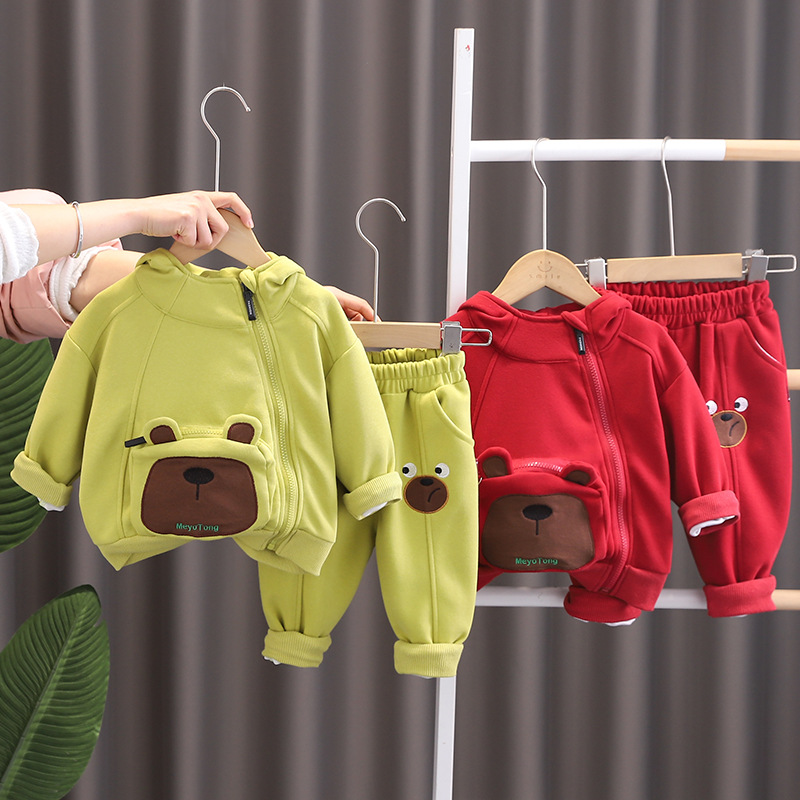 Wu Xiaoqi Children's Clothing 2025 Spring & Fall New Style 0-5 Year Old Boys and Girls 1-3 Stereo Flap Pocket Pants Bear Zipper Hooded Suit