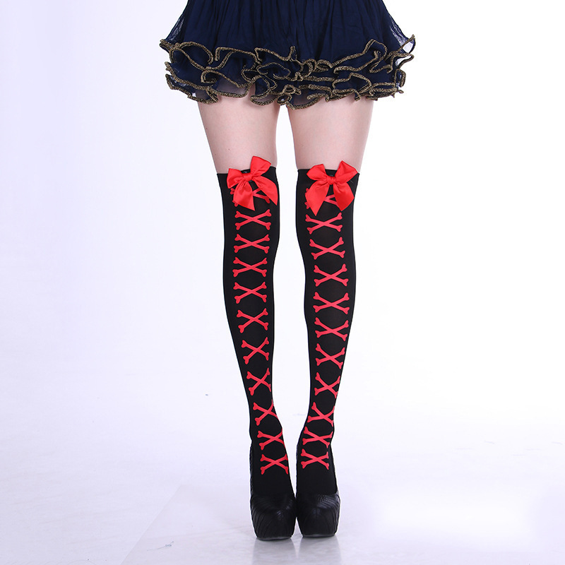 Picture of Cross Cross Cross Stockings Printing Halloween Socks Spider Web Over-the-Knee Socks Black White Lolita Stockings