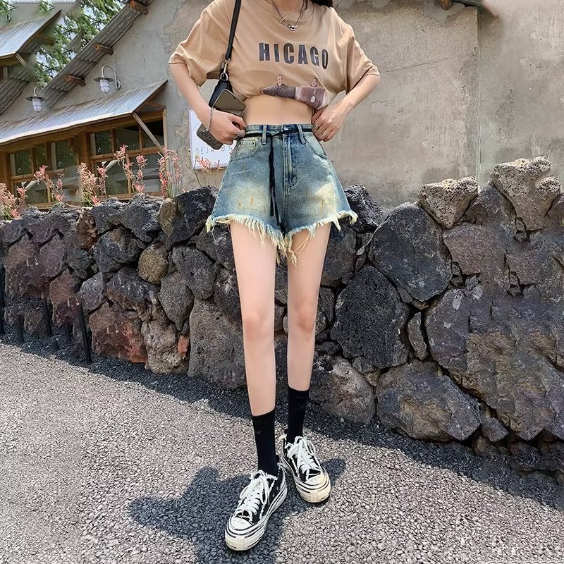 Picture of Rapped Denim Shorts Women's Summer New Spice Girls High Waist Slimming American Style Retro Washed Old a-Shaped Wide-Leg Hot Pants