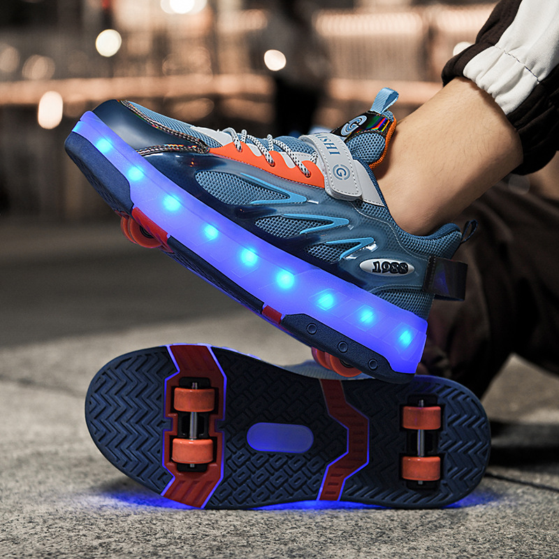 Children's shoes button walking shoes factory charging four-wheel deformation wheel shoes girls' skating shoes Invisible Children's skating shoes