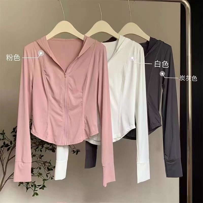 Ice Silk Cool Sunscreen Clothes Women's Summer Slim-fit Yoga Clothes Tight Top UV-resistant Hooded Thin Jacket