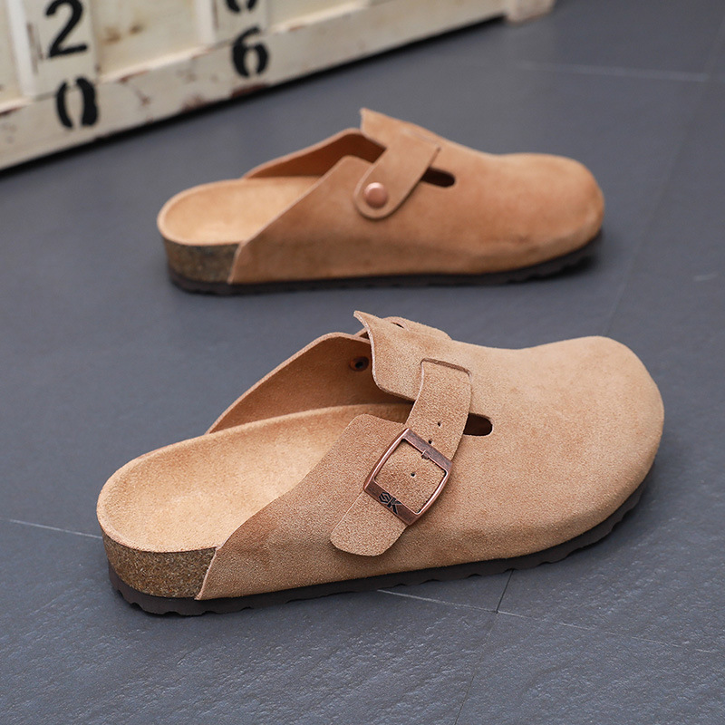 Picture of Birkenstock cork cowhide slippers increase height flat soles 2025 spring and autumn one-foot pedals women's half slippers are comfortable to wear outside