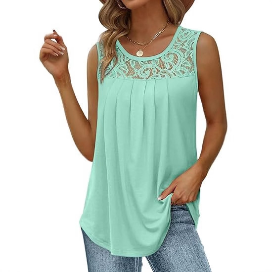 Spot European and American Foreign Trade Cross-Border New Products Women's Large Size Sleeveless Lace Pleated Round Neck Summer Casual Women's Tops