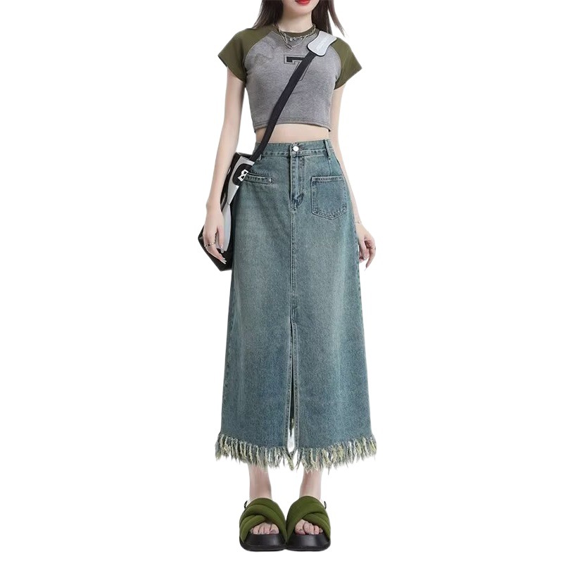 Retro High Waist Split Denim Skirt Summer 2024 New Slim Tassel Design Sense Mid-length A- line Half Skirt