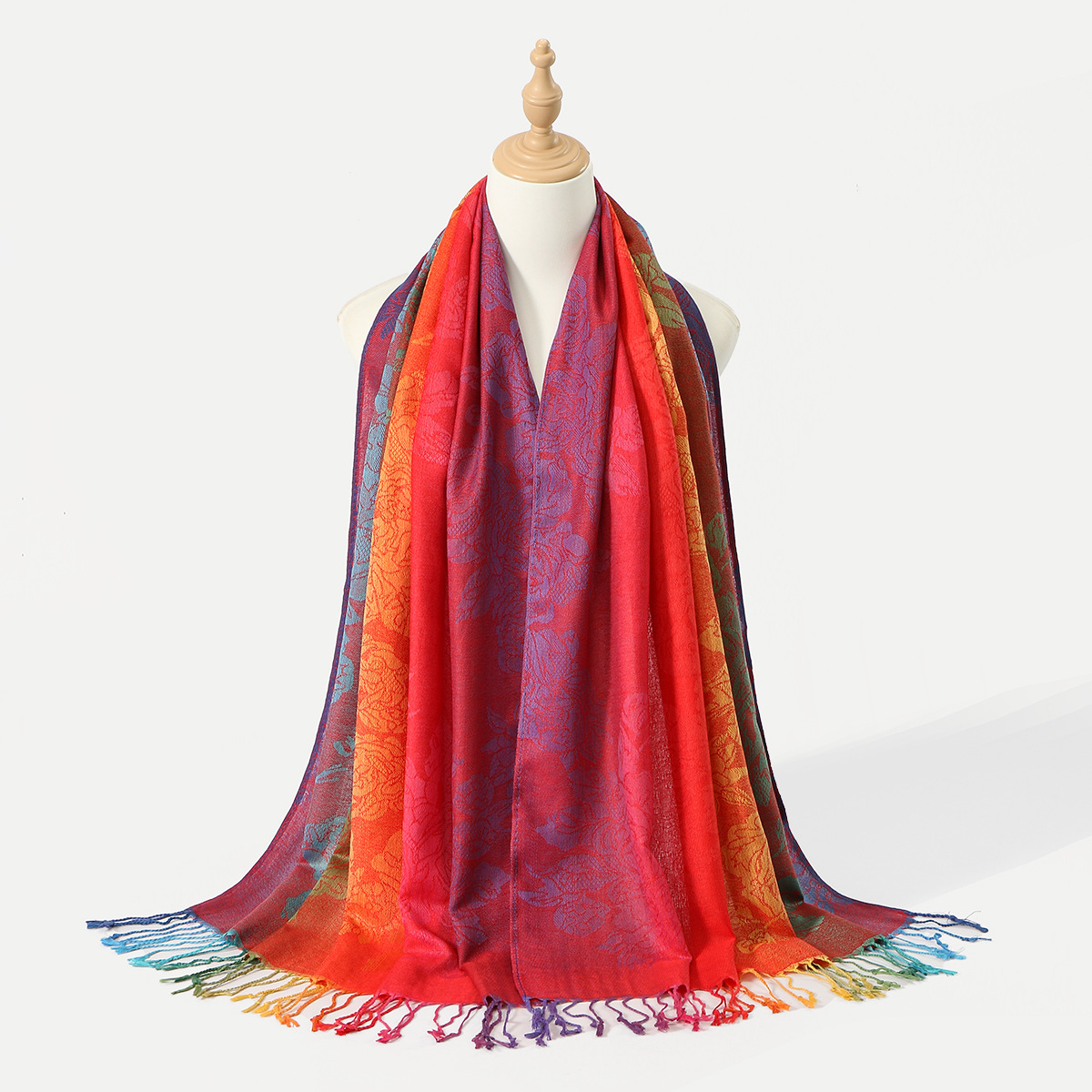 Picture of Amazon Same Style Ethnic Style Color Cashew Embroidered Long Scarf Rainbow Gradient Tassel Scarf Shawl Women's Bag Turban