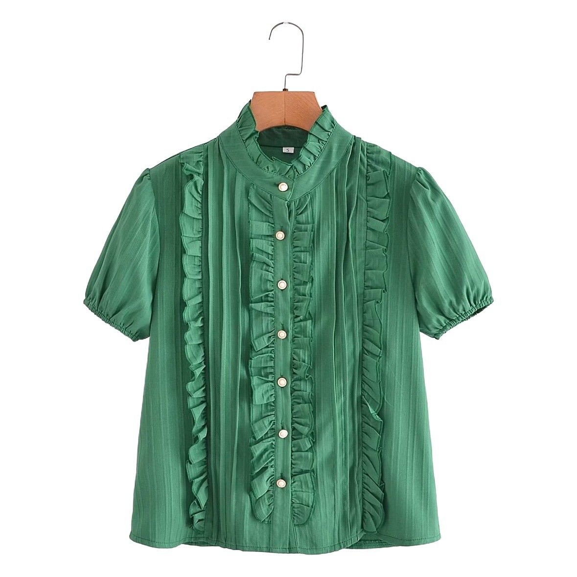 2024 spring foreign trade cross-border European and American women's green short-sleeved ruffled shirt 4750