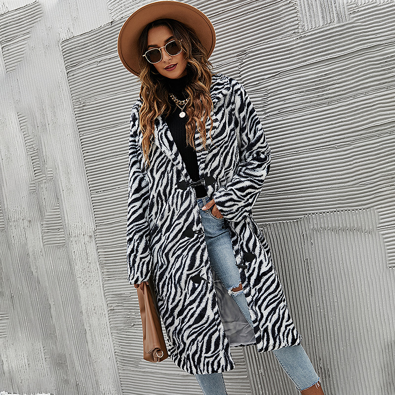 ins Internet celebrity autumn and winter fur coat faux fur zebra pattern faux rabbit fur lapel long coat for women