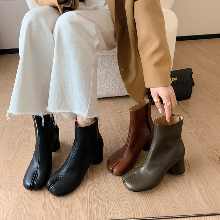 2023 autumn and winter fashion personality split toe chunky heel women's ankle boots split finger shoes soft leather high heel ankle boots single boots