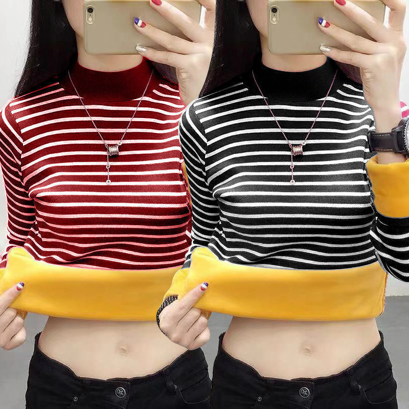 Autumn and Winter Striped Warm Fleece-lined Thickened Base Shirt Top with Large Size Women's Slimming T-shirt 061