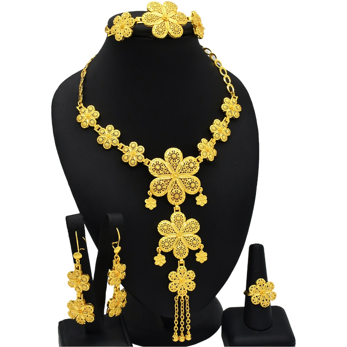 24K Gold-Plated Arabic Women's Bridal Necklace Earrings Ring Bracelet Jewelry Indian Women's Jewelry Set Batch