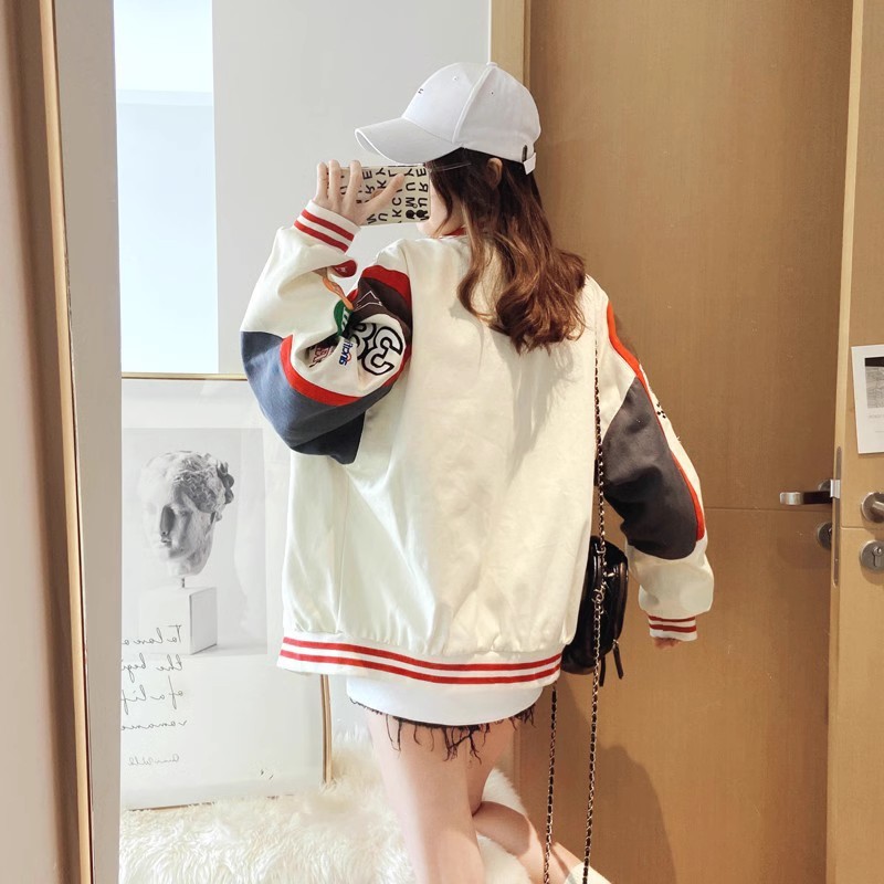 Picture of Spring American High Street Letter mm Bean Embroidered Baseball Jacket Color Matching Couple Loose Racing Suit Jacket