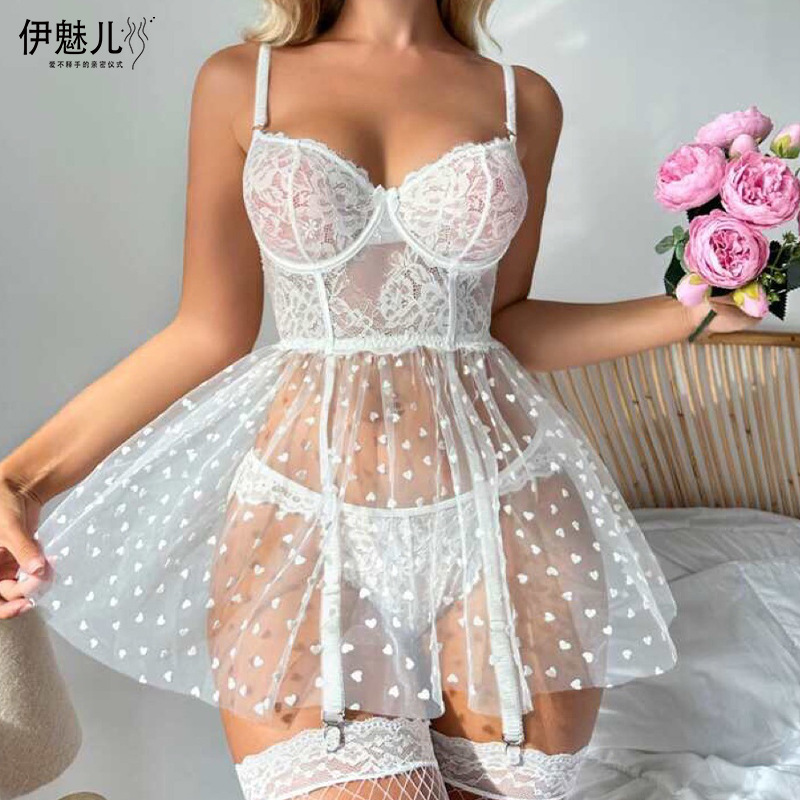 European and American sexy sexy lingerie small chest temptation battle robe bed pajamas uniform suit lace passion White