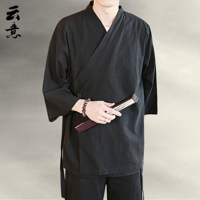 Seven-point Sleeve Hanfu Men's Summer Chinese-style Slant-breasted Top Zen-style Jumpsuit Ancient Style Tea Clothes Cotton-linen Robe Coat