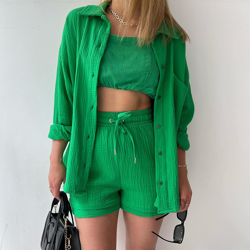 European and American Clothing Two-Piece Set Wrinkled Lapel Long-Sleeved Shirt High-Waisted Drawstring Shorts Large Size Fashionable Casual Suit