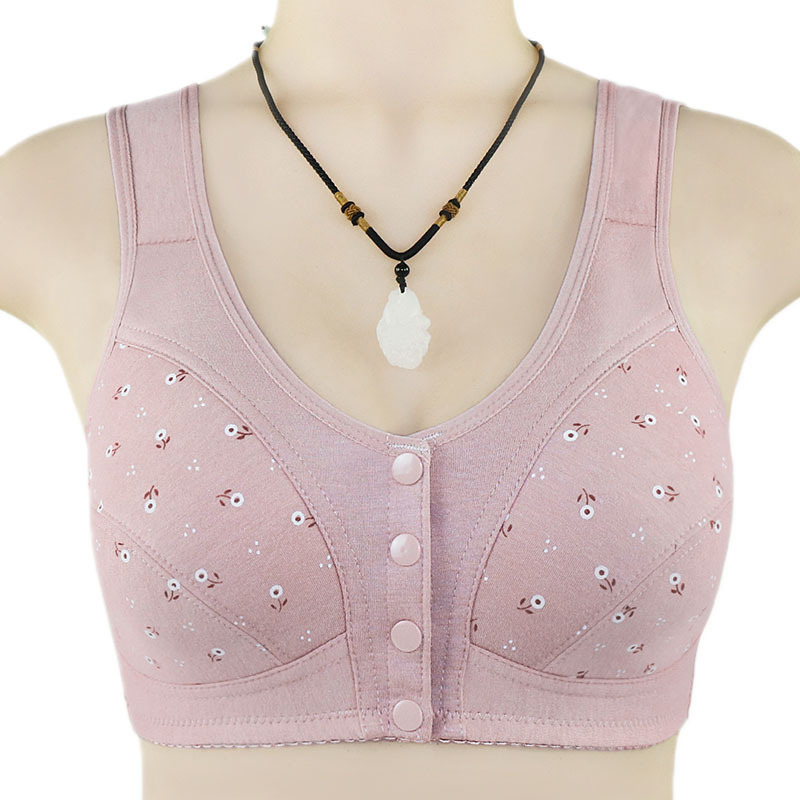New cross-border printed front buckle underwear women's soft cotton vest-style middle-aged and elderly bra plus size wireless underwear