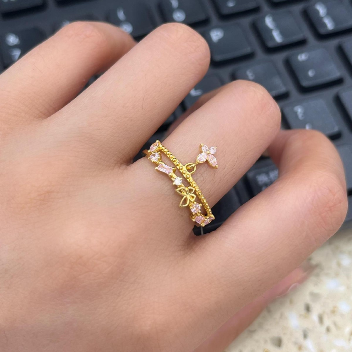 2025 New Fashion Super Flash Pink Zircon Butterfly Opening Ring Adjustable Niche Design Advanced Ring