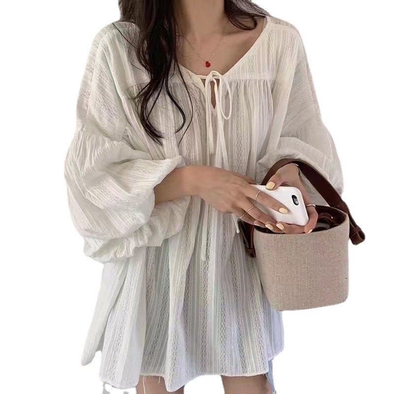 Picture of South Korea's Dongdaemun Cotton and Linen Lantern Sleeve Shirt Women's Top 2025 Summer New Design Mid-Length Babydoll Shirt