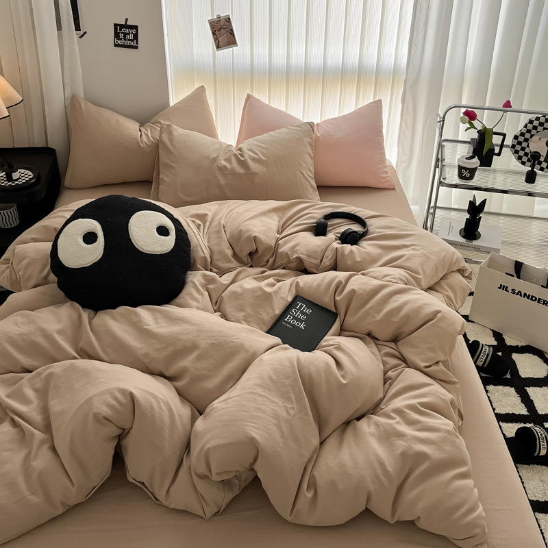 Picture of Four-piece bed set A can sleep naked wash cotton quilt cover solid color bed sheets student dormitory three-piece bed hat wholesale 4