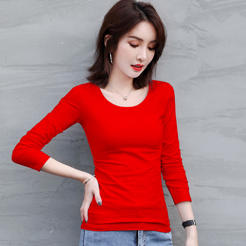 Picture of Spring and Autum Round Neck Pure Color Long-Sleeved T-Shirt Girls Elastic Large Size New Slim Fit Versatile Top Thin Bottoming Shirt
