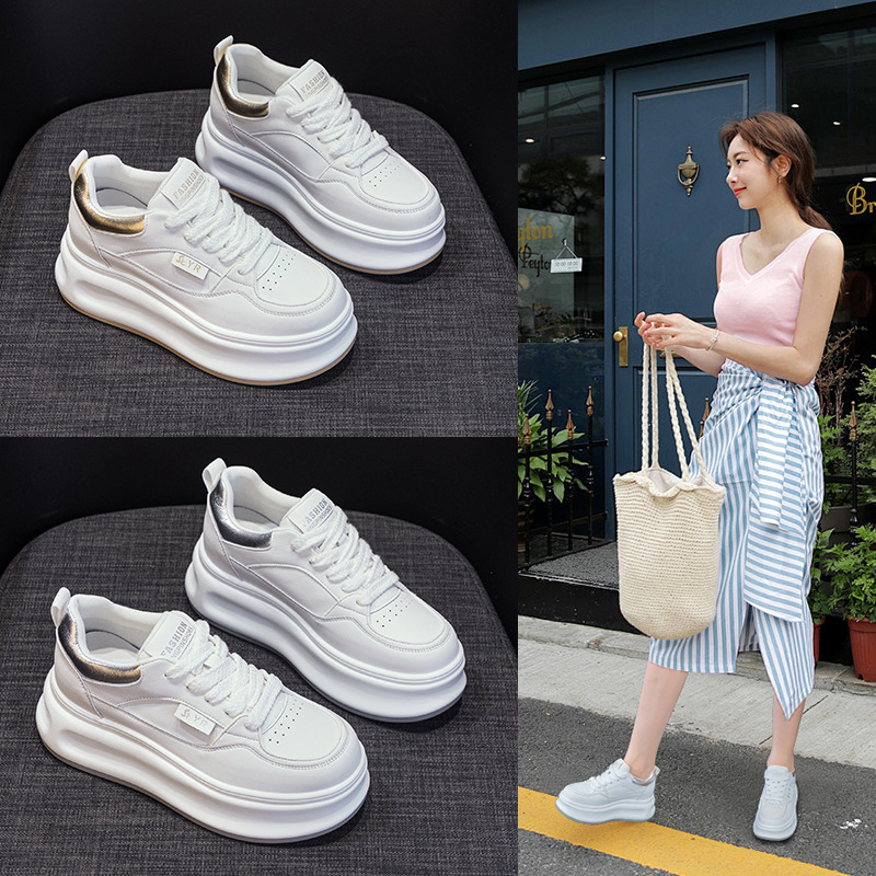 Picture of White Shoes 2025 Spring New Leather Inner Heightening Casual Thick-Soled Student Shoes Wedge Heel Comfortable and Fashionable Women's Shoes
