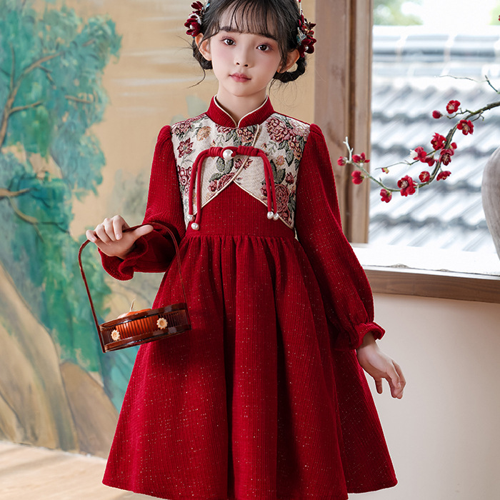 Girls' Cheongsam 2024 New Long Sleeve fleece-lined dress Children's New Chinese Style National Style Tang Dress Girl Red Dress