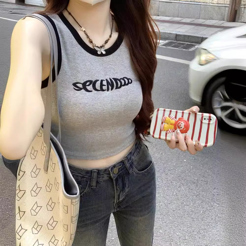 Embroidered Vest Women's Hot Girl Short High Waist Letter Small Sling Korean Style Sleeveless Tight All-match Summer Bottoming Top
