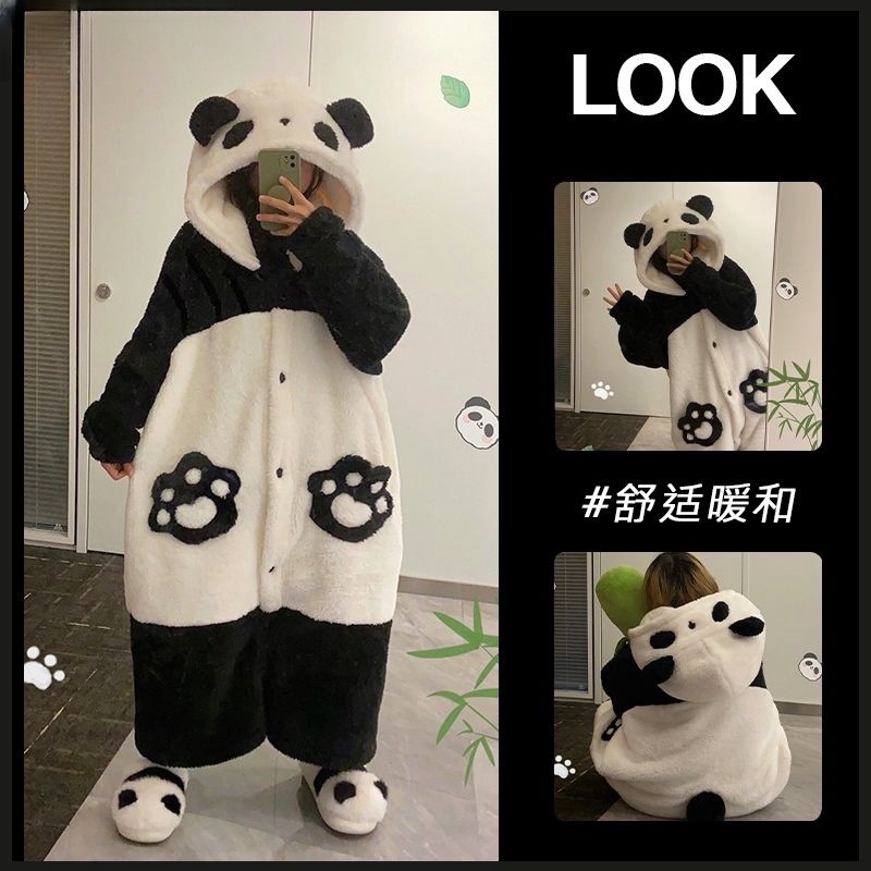 Hooded Panda Pajamas Women's Autumn and Winter Coral Fleece Winter 2023 New Pajamas Thickened Velvet Home Clothes