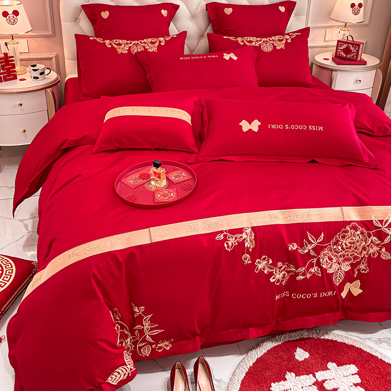 Picture of High-end Chinese Dragon and Phoenix Embroidery Fashion Wedding Four-piece Wedding Big Red Bed Sheet Quilt Cover Accompanying Bedding