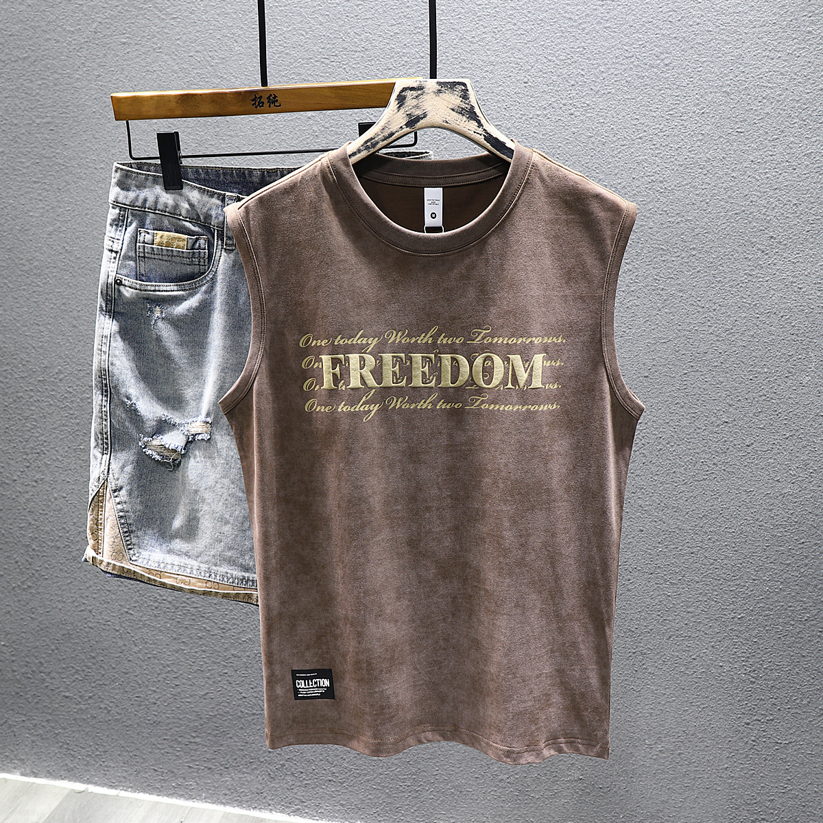 2024 Trendy Brand Printed Heavy-weight Sleeveless Vest Men's Loose Waistcoat Summer Pure Cotton Sports Fitness Basketball T-shirt