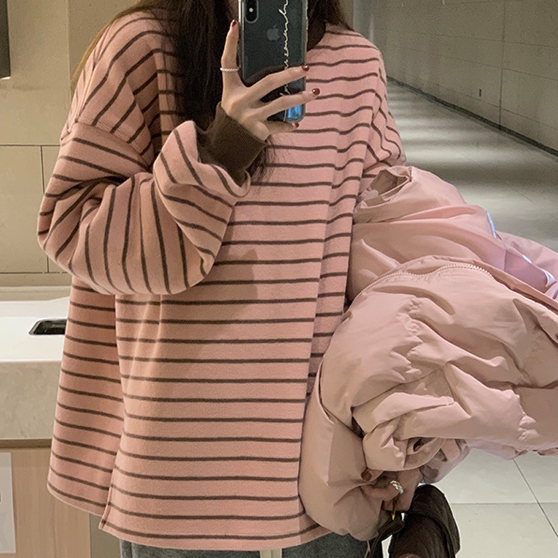 Pink Striped Long-sleeved T-shirt Women's Korean-style Lazy Chic Loose Inner Base Shirt 2024 New Autumn and Winter Top