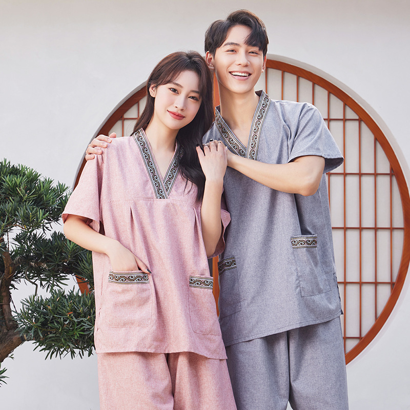 New high-end men's cotton and hemp sweat clothes lovers suit women's leisure bath center bath clothes home sauna clothes wholesale