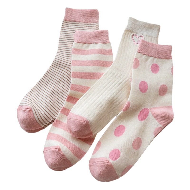 Autumn and Winter New Pink Embroidered Love Socks Women Socks Striped Ins Cotton Socks College Style South Korea Women Socks