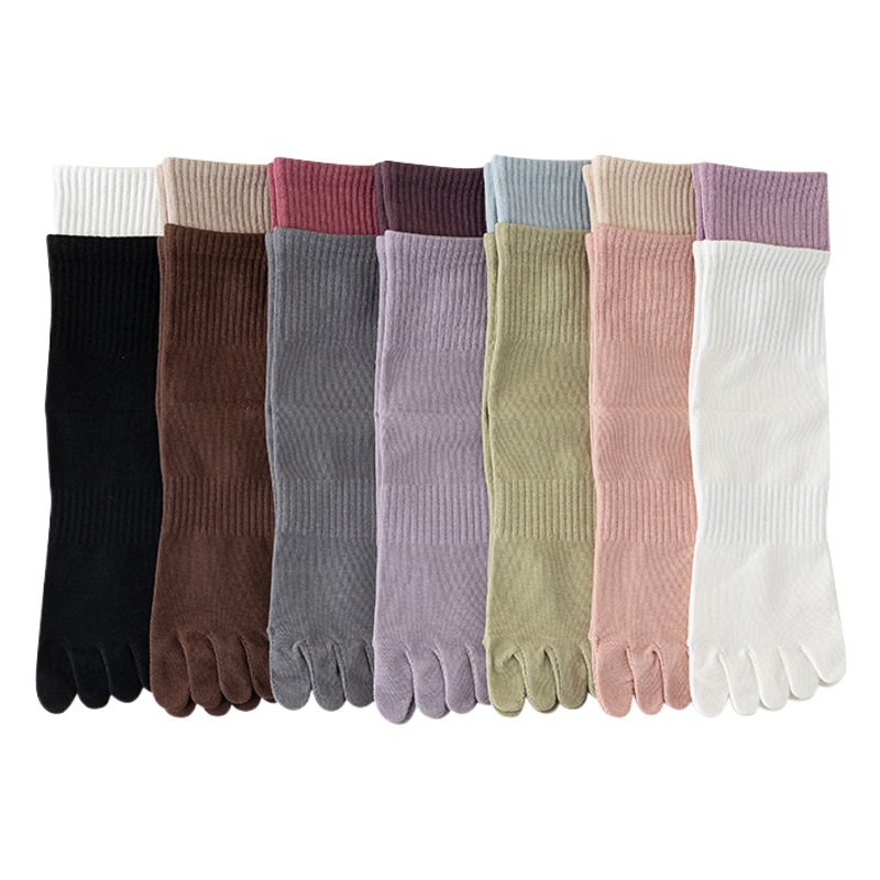 Five-finger socks women's long toe socks color matching double rib stitching antibacterial deodorant casual embroidered sports socks