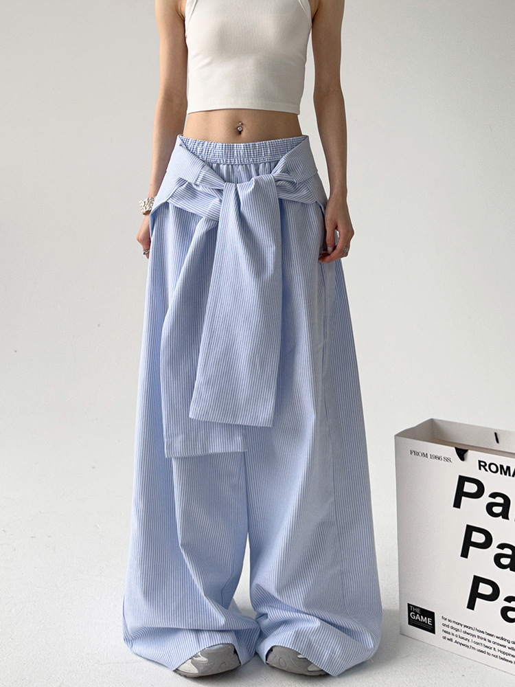 Picture of Foreign Trade Hot Sale Blue Striped High Waist Casual Pants Spring and Autumn Strap Waist Seal Design Loose Wide Leg in stock Trousers