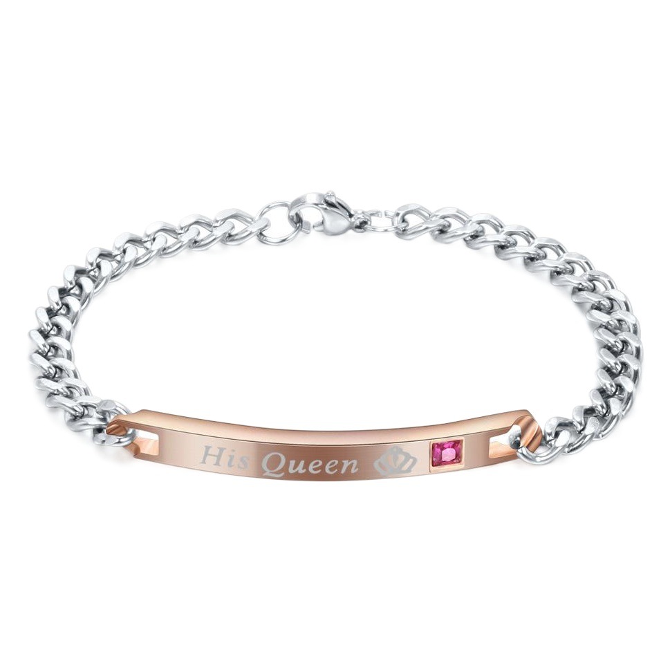 European and American Cross-border Hot Sale His Queen Her King Stainless Steel Diamond-encrusted Titanium Steel Couples All-match Simple Bracelet