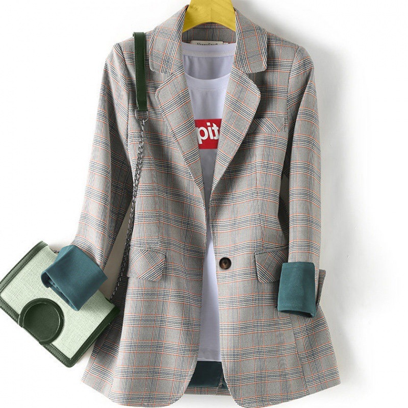 Spring and Summer 2022 New ebay Amazon Korean Style Internet Popular Suit Collar Long Sleeve Plaid Casual All-match Loose Suit