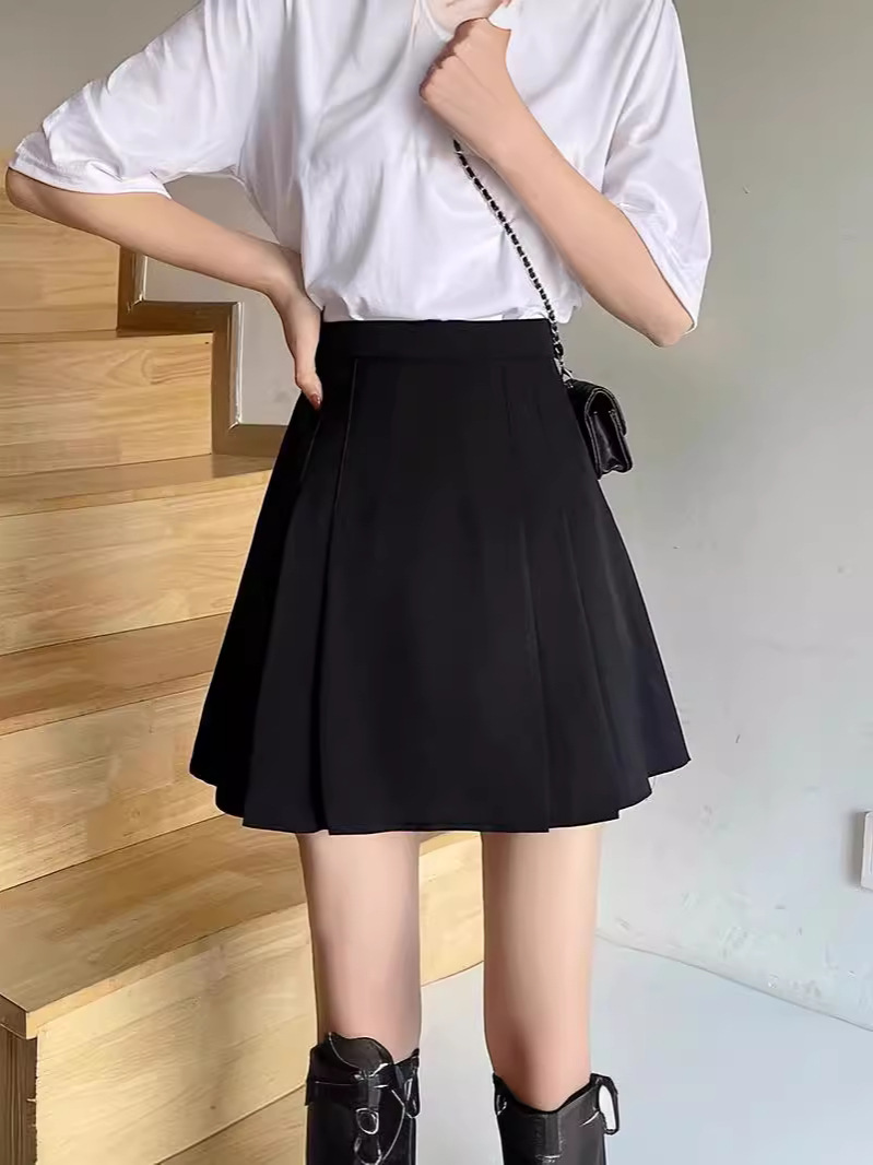 Black Pleated Skirt Women's Summer 2024 New High Waist Slimming Spice Girl Skirt chubby girl Slimming A- line Short Skirt Trendy