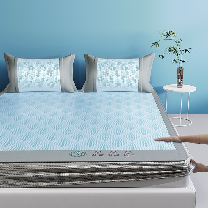 Picture of Class A antibacterial summer ice silk mat three-piece set machine washable folding summer air conditioning ice silk mat bed hat soft mat