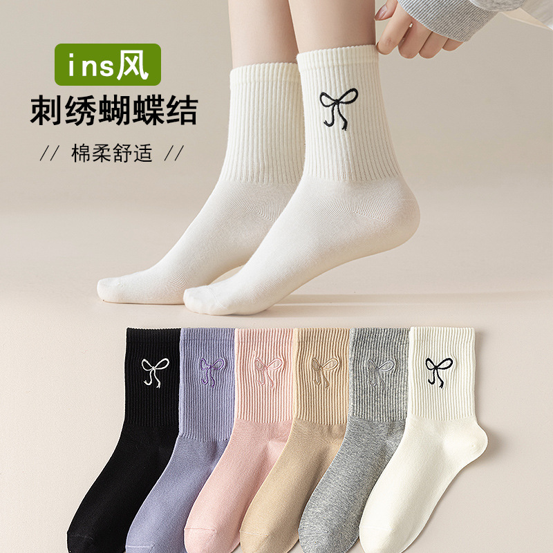 New Products Socks Women's Mid-tube Socks Autumn and Winter Drawstring Embroidered Bow High Rubber Comfortable Cotton Stacked Socks Women's Socks