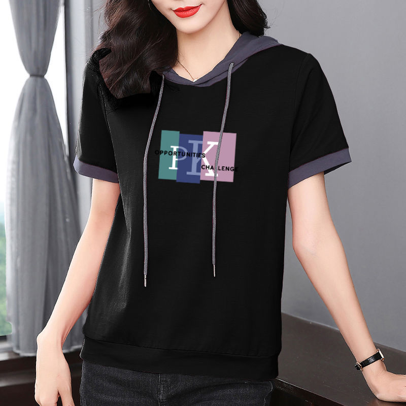 100% Cotton Hooded T-Shirt Women's Short-Sleeved 2024 Summer Age-Reducing Slimming Look Half-Sleeved Loose Korean Style Sweatshirt Women's Trend