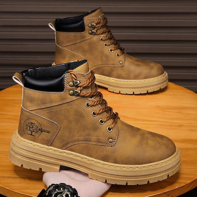 2025 Summer New High-Top Martin Boots Men's Trendy Versatile Thick-Soled Casual Leather Shoes Workwear Sneakers Trendy Shoes Men
