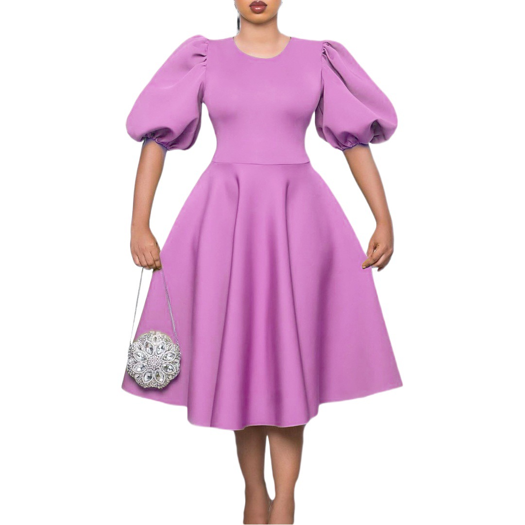 D3178 Cross-border European and American Amazon Crewneck Elegant Bubble Sleeve Waistline Dress A- word Foreign Trade Dress