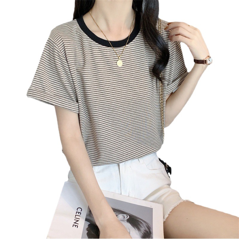 Casual Bottoming Shirt Tops for Women Slim Short-Sleeved T-Shirt for Women Summer Stripesd Korean Style Student Round Neck Women's Clothing Supply Wholesale