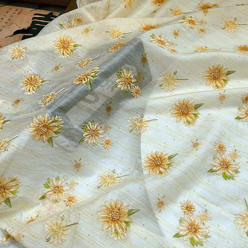 Yellow Flower Print Embroider Fabric New Chinoiserie Han Dynasty Cheongsam Dress Fabric Handmade DIY Fabric