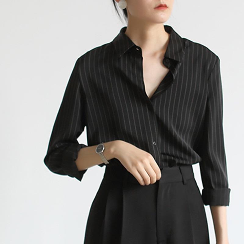 Picture of Chic black shirt women's new early autumn top design sense niche drape French vertical striped shirt Women's
