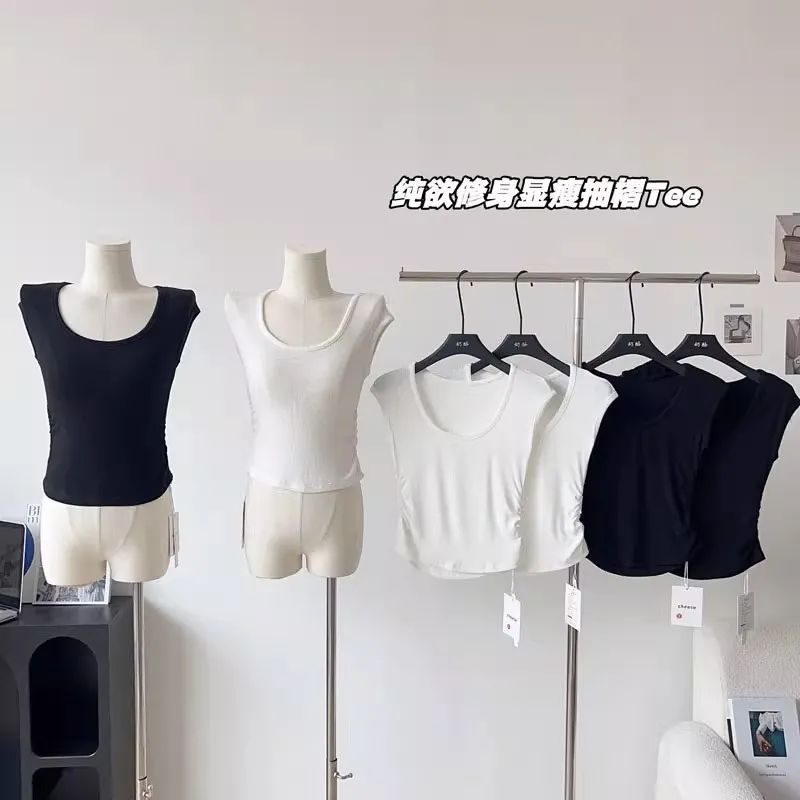 Modal Shoulder Pleated Collarbone U-Collar Short-Sleeved T-Shirt Women's Summer New High Waist Short All-Match Hot Girl Trendy Top