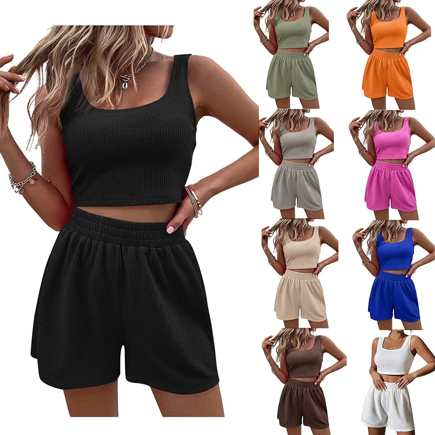 European and American Amazon 2024 Summer Girly Style Fresh and Sweet Women's Knitted Sleeveless Fashion Casual Pure Color Suit