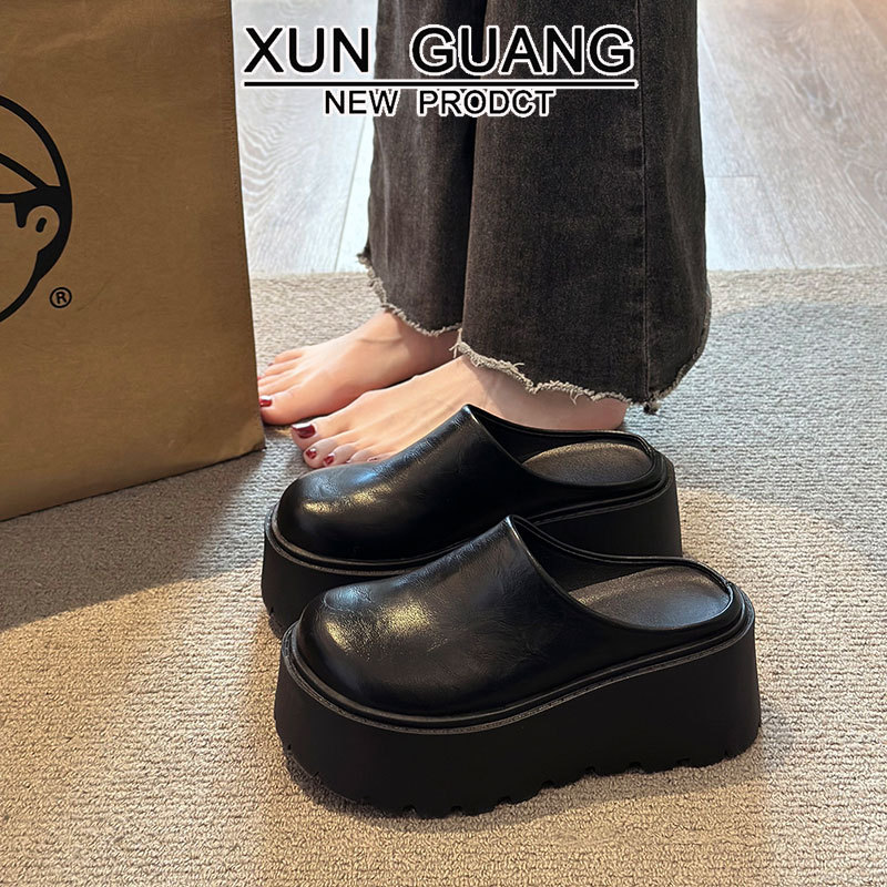 Small Height-raising Baotou Half Slippers Women's Outer Wear 2025 Spring New Thick Sole Lazy Bokken Shoes Genuine Leather Women's Shoes