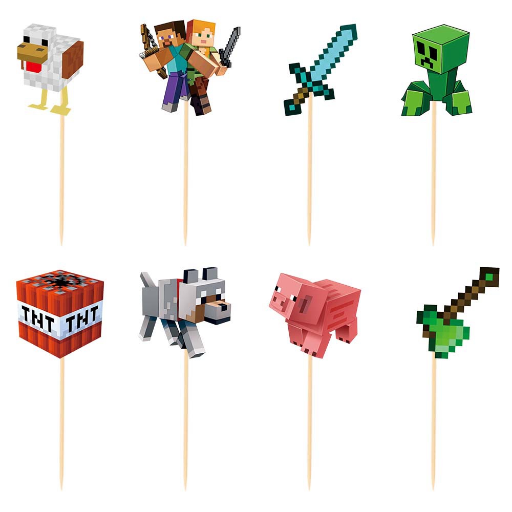 Picture of Minecraft Birthday Party Decoration Set Pixel Wars Happy Birthday Flag Cake Dessert Insert