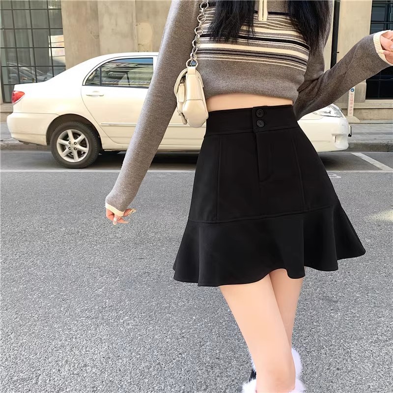 Black woolen skirt women's autumn and winter high waist A- line fishtail skirt small ruffled a-line hip skirt skirt